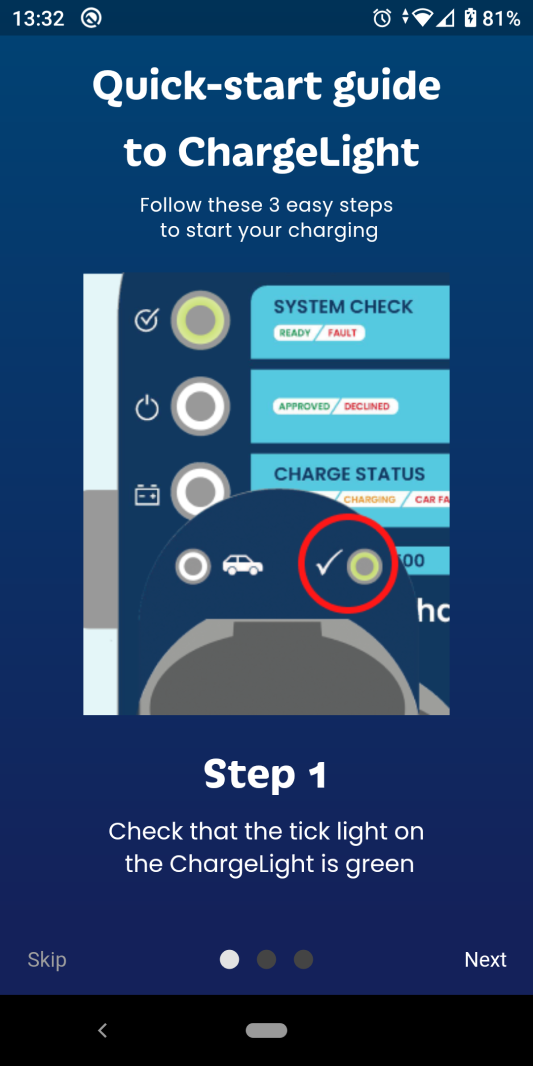 Chargelight electric vehicle charging app step screen