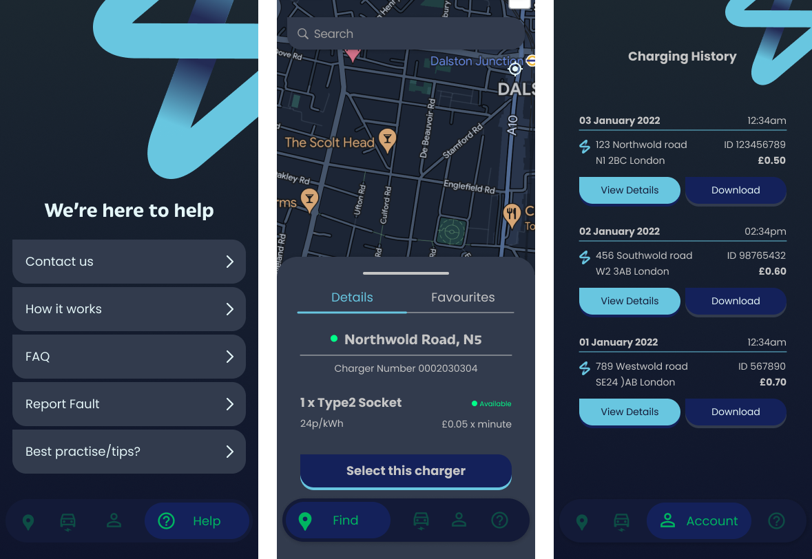 3 screens of the chargelight app showing the ev charging process